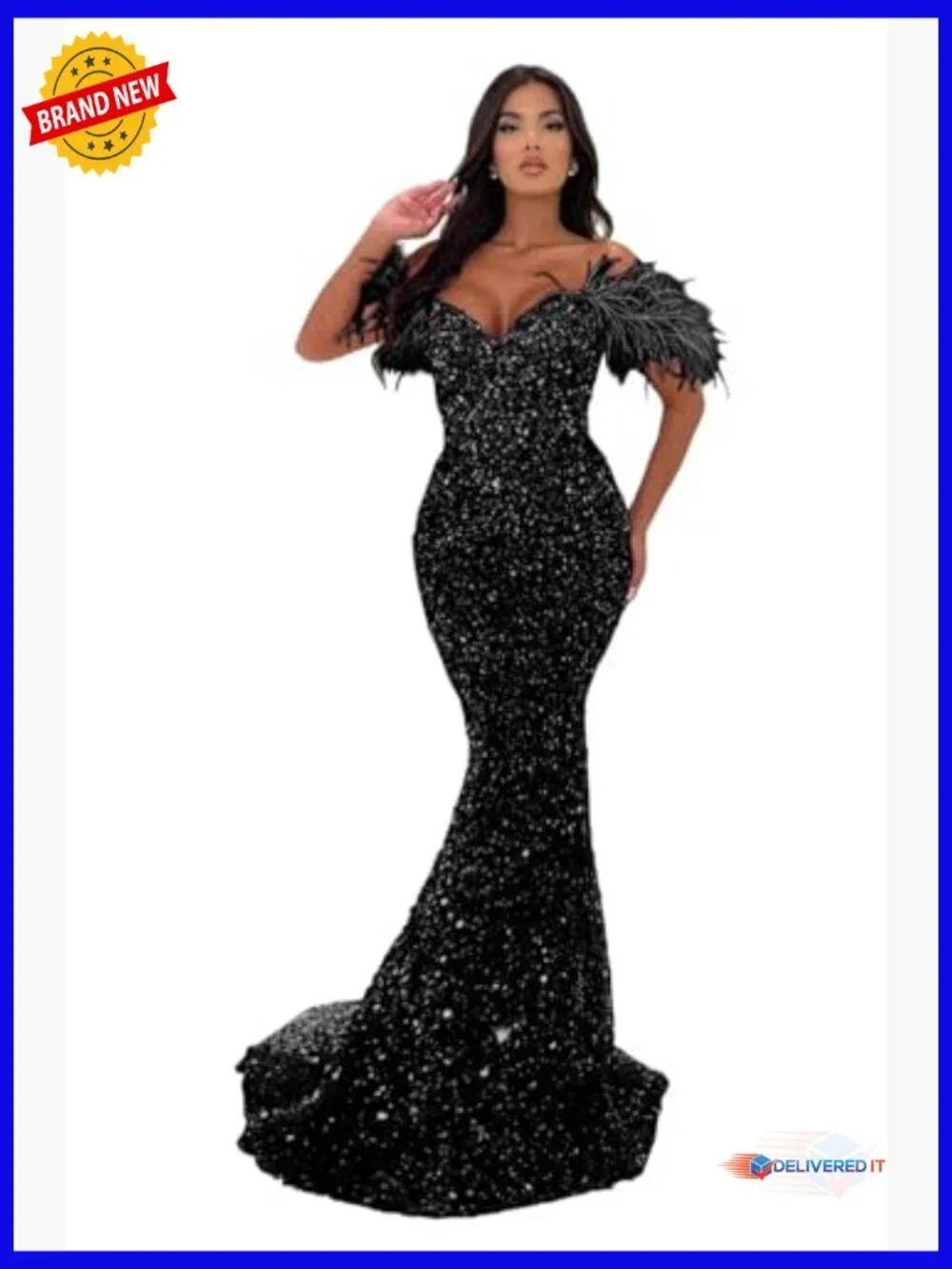 Off Shoulder Sweetheart Mermaid Prom Dress Long Sparkly Sequin Feather Formal - Picture 4 of 6